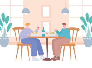 Fototapeta premium restaurant social distancing, men eating in table new normal life, covid 19 pandemic, prevention of coronavirus infection