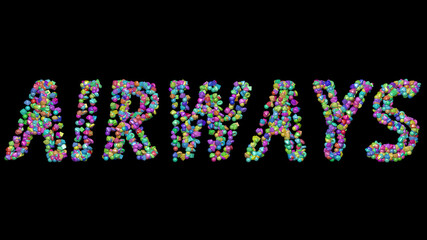 airways written in 3D illustration by colorful small objects casting shadow on a black background. airport and airplane