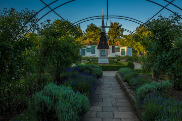 The view looking back into the Rose Garden in Market Harborough, UK on a summer evening