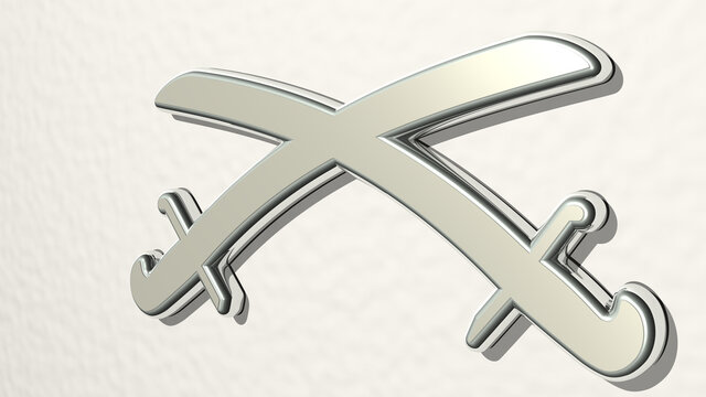 swords on the wall. 3D illustration of metallic sculpture over a white background with mild texture. ancient and battle