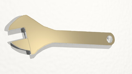 wrench spanner made by 3D illustration of a shiny metallic sculpture on a wall with light background. icon and repair