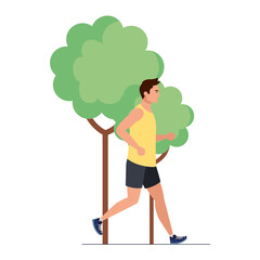man running in the nature, male athlete with tree plant on white background vector illustration design