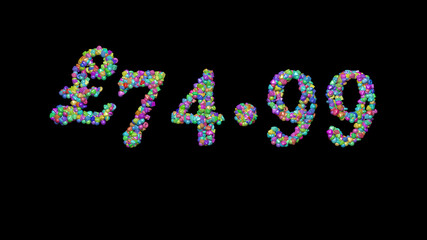 £74.99 written in 3D illustration by colorful small objects casting shadow on a black background