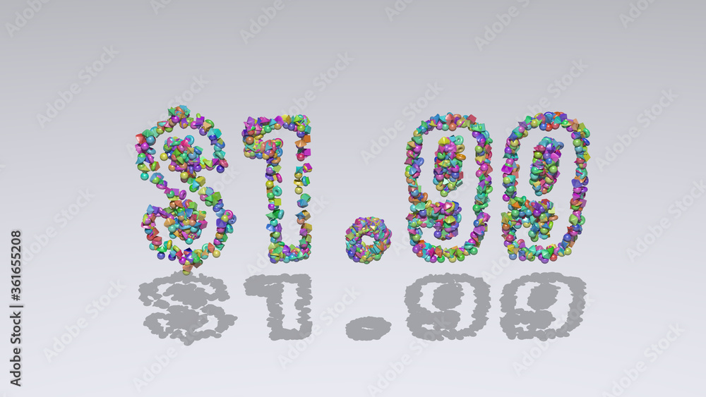 Poster colorful 3d writting of $1.99 text with small objects over a white background and matching shadow