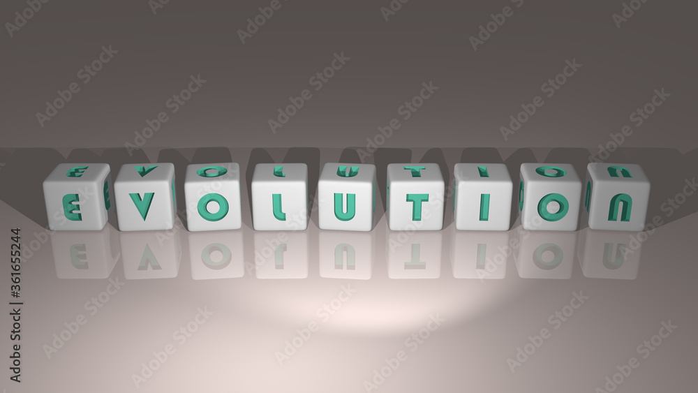 Poster alphabetic evolution arranged by cubic letters on a mirror floor, concept meaning and presentation i