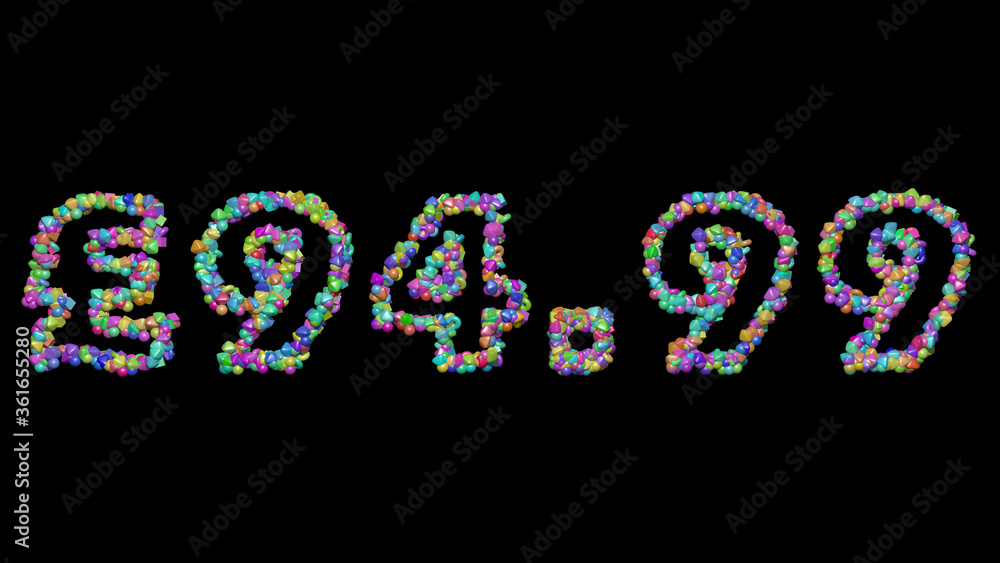 Aufkleber £94.99 written in 3d illustration by colorful small objects casting shadow on a black background