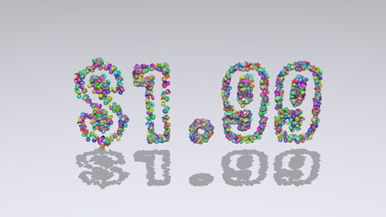Colorful 3D writting of $1.99 text with small objects over a white background and matching shadow