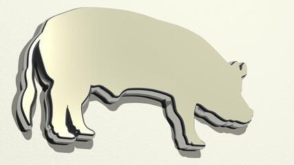 pig made by 3D illustration of a shiny metallic sculpture on a wall with light background. animal and cute