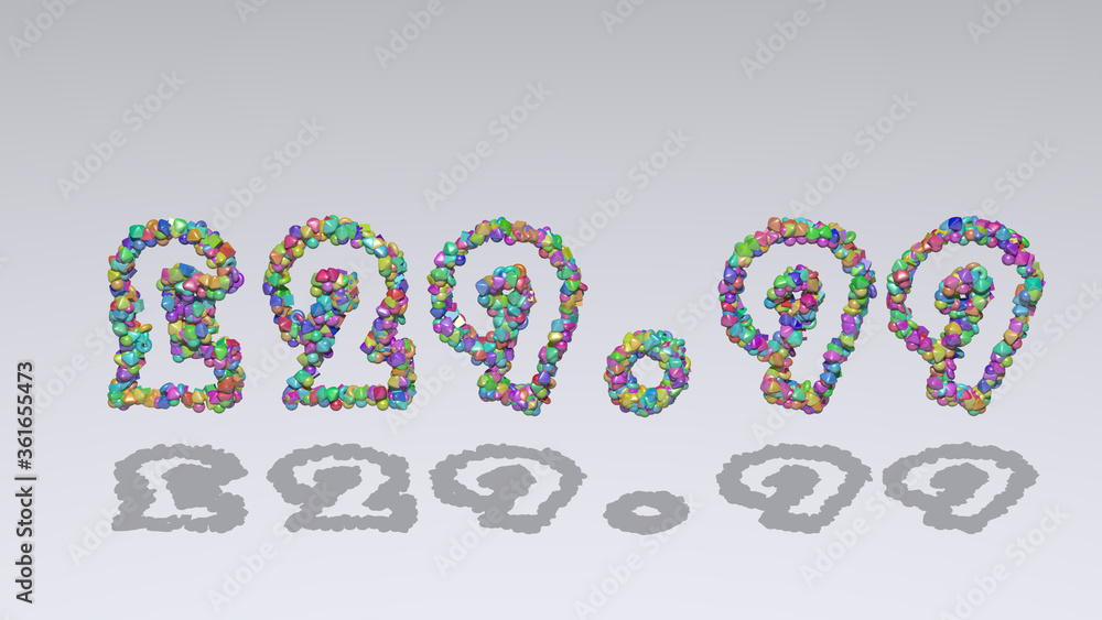 Poster colorful 3d writting of £29.99 text with small objects over a white background and matching shadow