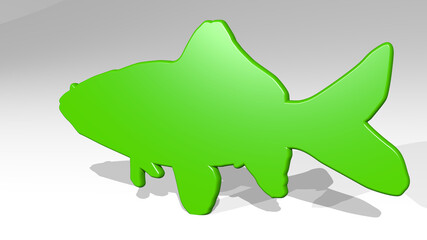 BIG FISH from a perspective on the wall. A thick sculpture made of metallic materials of 3D rendering. illustration and background