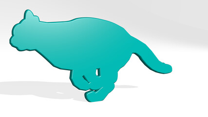 cat running made by 3D illustration of a shiny metallic sculpture on a wall with light background. animal and cute