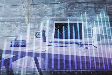 Double exposure of financial graph drawing and office interior background. Concept of stock market.