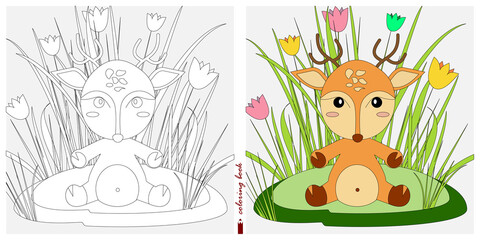 Fototapeta premium Black and white and color images for a color book. Contour drawing with children's themes. A fawn is sitting in a clearing among reeds and ferns. For color books, children's prints, postcards