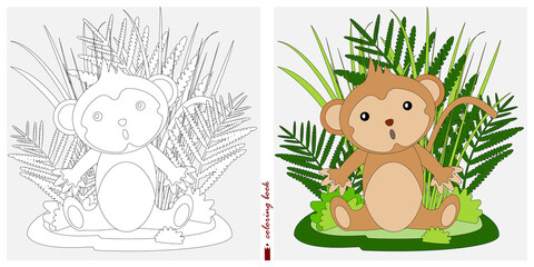 Black and white and color images for a color book. Contour drawing with children's themes. In a clearing among reeds and ferns sits a baby monkey. For color books, children's prints, postcards