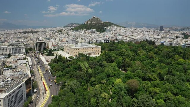 Aerial drone video of National gardens in Amalias avenue in the heart of Athens at spring, Attica, Greece