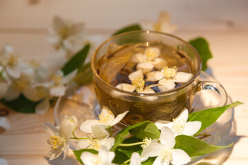 jasmine tea in soft warm evening light with fresh jasmine leaves and flowers