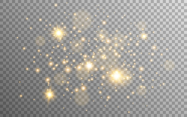 Fototapeta Gold glitter and stars on transparent background. Golden particles with stardust. Magic lights composition. Special light effect. Festive luxury shine. Vector illustration obraz