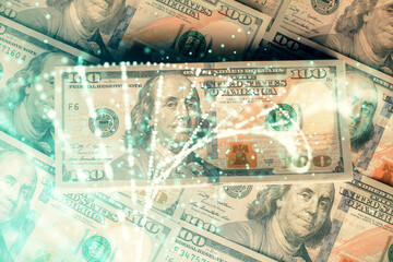 Double exposure of DNA drawing over usa dollars bill background. Concept of medical education.