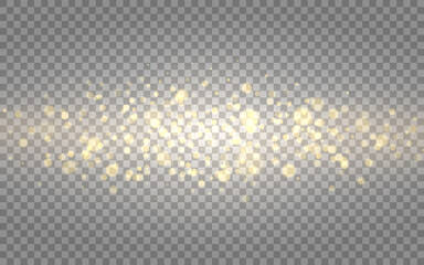 Glowing light and gold bokeh on transparent backdrop. Shining particles and stars. Gold glitter effect. Festive banner template with luxury sparks. Vector illustration