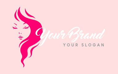 Vector illustration of a girl logo with typography. Template layout for girly business logo with slogan.
