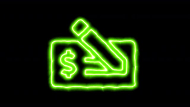The appearance of the green neon symbol money check usd. Flicker, In - Out. Alpha channel Premultiplied - Matted with color black
