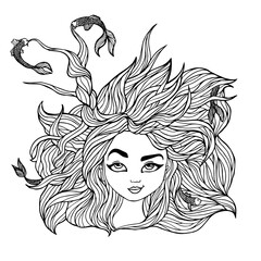 Black and white illustratiion beautiful mermaid  with fishes in her hair. Coloring book.