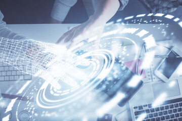 Double exposure of man and woman working together and data theme hologram drawing. Computer background. Top View.