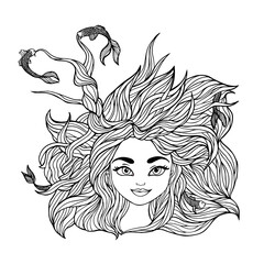 Black and white illustratiion beautiful smiling mermaid face  with fishes in her hair. Coloring page.
