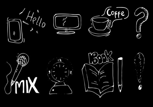 Set funny hand drawing doodles such as cellphones, computers, microphones, books, alarm clock, glass of coffee, question marks and exclamation marks