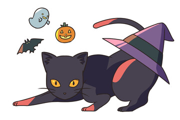 黒猫と後ろに三角帽子