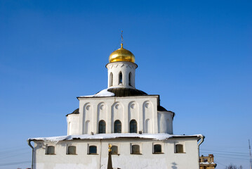 Architecture of Vladimir city, Russia. Golden Gates monument. Famous landmark.	

