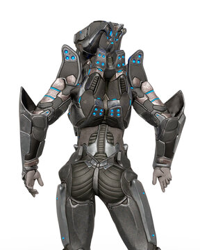 alien female soldier is doing a cool pose rear view in white background