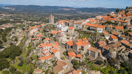 Aerial view of the city of Monsanto in Portugal. Medieval village of Monsanto with stone houses