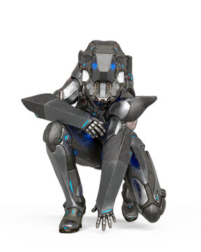 alien female soldier is on guard and ready in white background