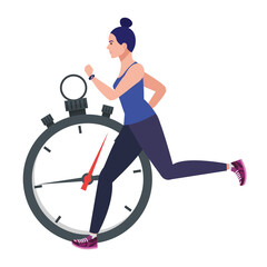 woman running with stopwatch, female athlete with chronometer on white background vector illustration design