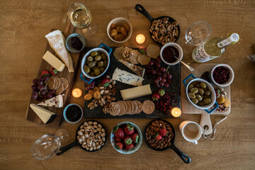 Wine and cheese flat lay