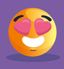 emoji lovely, face yellow with hearts in eyes, on purple background vector illustration design