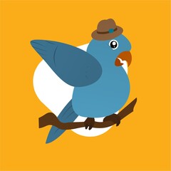 Illustration of Blue Bird Wearing a Hat Cartoon, Cute Funny Character, Flat Design