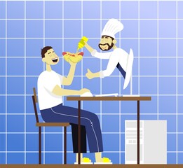 Chef from monitor watering mustard into a hot dog. Color vector flat cartoon icon.