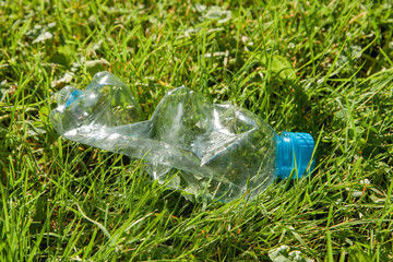 A plastic bottle lies in the grass. Environmental pollution concept.