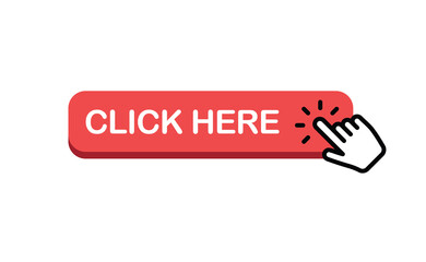 Click here web button. Isolated website buy or register bar icon with hand finger clicking cursor, design template.