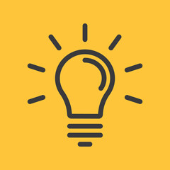 Fototapeta premium Idea icon, shinning light bulb. Electric lamp linear pictogram. Bright solution symbol.