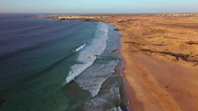 Spain, Canary Islands, Fuerteventura, aerial view of El Cotillo, Playa del Castillo and El Cotillo Kite Beach