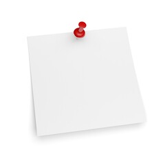 Pinned blank square white note paper isolated on white background. Red push pin. Thumbtack. 3d illustration.