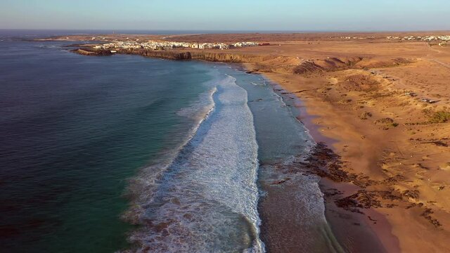 Spain, Canary Islands, Fuerteventura, aerial view of El Cotillo, Playa del Castillo and El Cotillo Kite Beach
