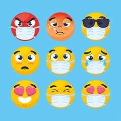 set emojis wearing medical mask, faces emojis wearing surgical mask icons vector illustration design