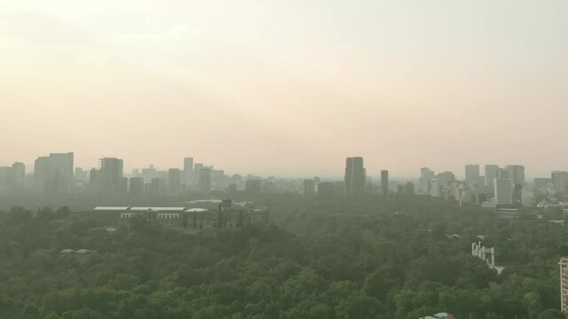 Aerial view of the pollution of Mexico City from the Chapultepec forest.