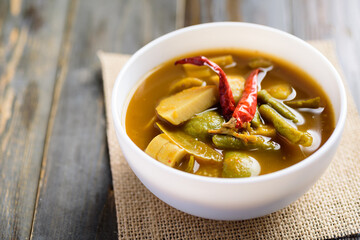 Southern Thai food (Kaeng Tai Pla), fish organs sour soup in a bowl