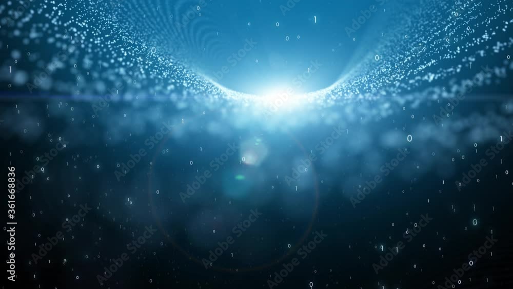 Poster artistic gateway of space tunnel portal for future with flickering light, dots and binary numbers su