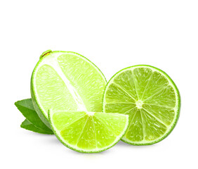 Lime. Fresh fruit with leaf isolated on white background.